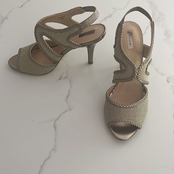 TAHARI Linen and Bronze Heeled Stiletto Sandals size 10 - Picture 2 of 10